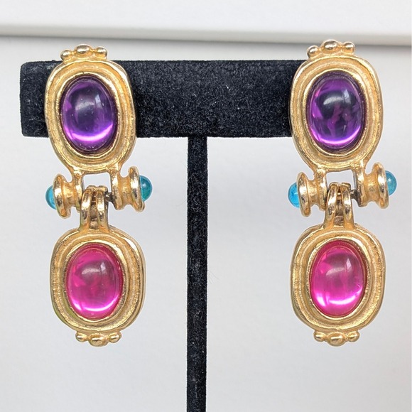 Vintage Mogul Earrings Etruscan Style, Statement Pink & Purple Earrings - Picture 2 of 5